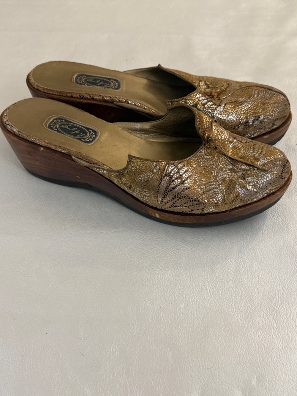 Salpy Vintage-style Metallic Gold Slip-On Wedge wooden Clogs